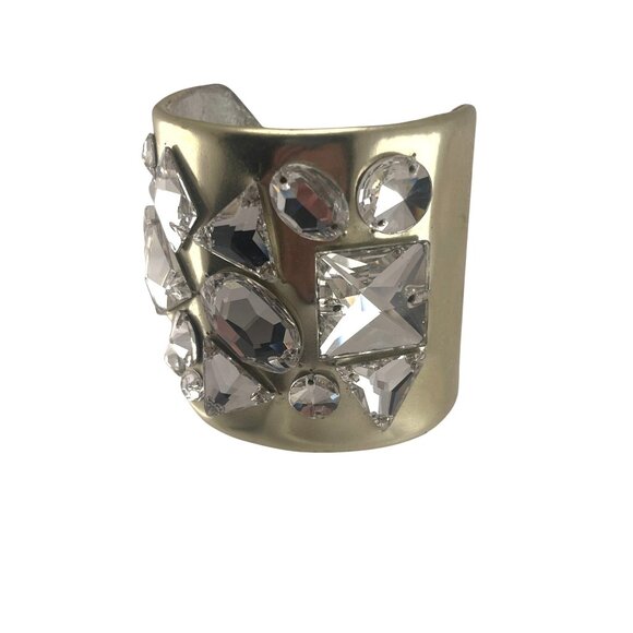 Ted Rossi NYC Gold Silver Leather Designer Rare Y2K Crystal Cuff Bracelet 2" Wid - Picture 4 of 10